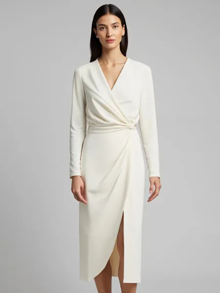 White Satin Midi Dress with Long Sleeves